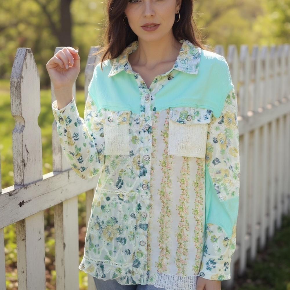 NWOT POL- SM Floral Patchwork Button-Up Shirt